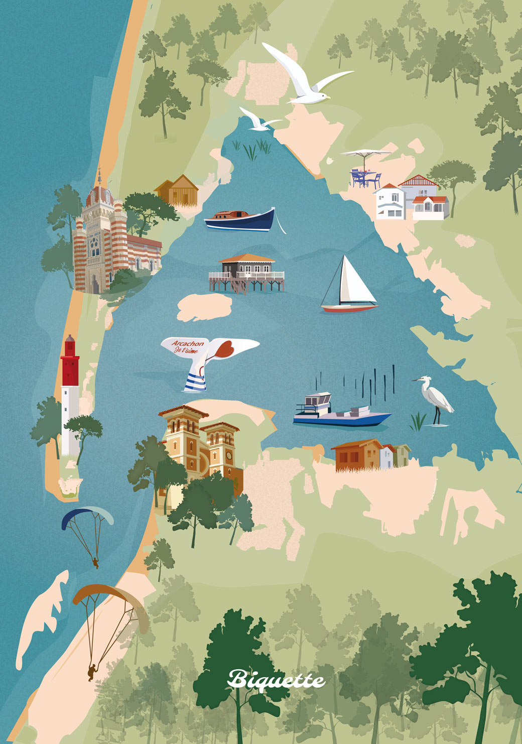 Affiche d'une carte illustrée du Bassin d'Arcachon et de ses lieux emblématiques.