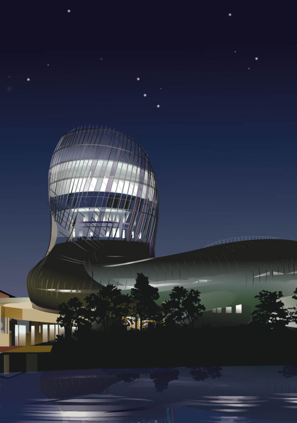 Illustration vectorielle de la Cité du Vin à Bordeaux la nuit. Le bâtiment moderne est éclairé et se reflète sur l'eau.