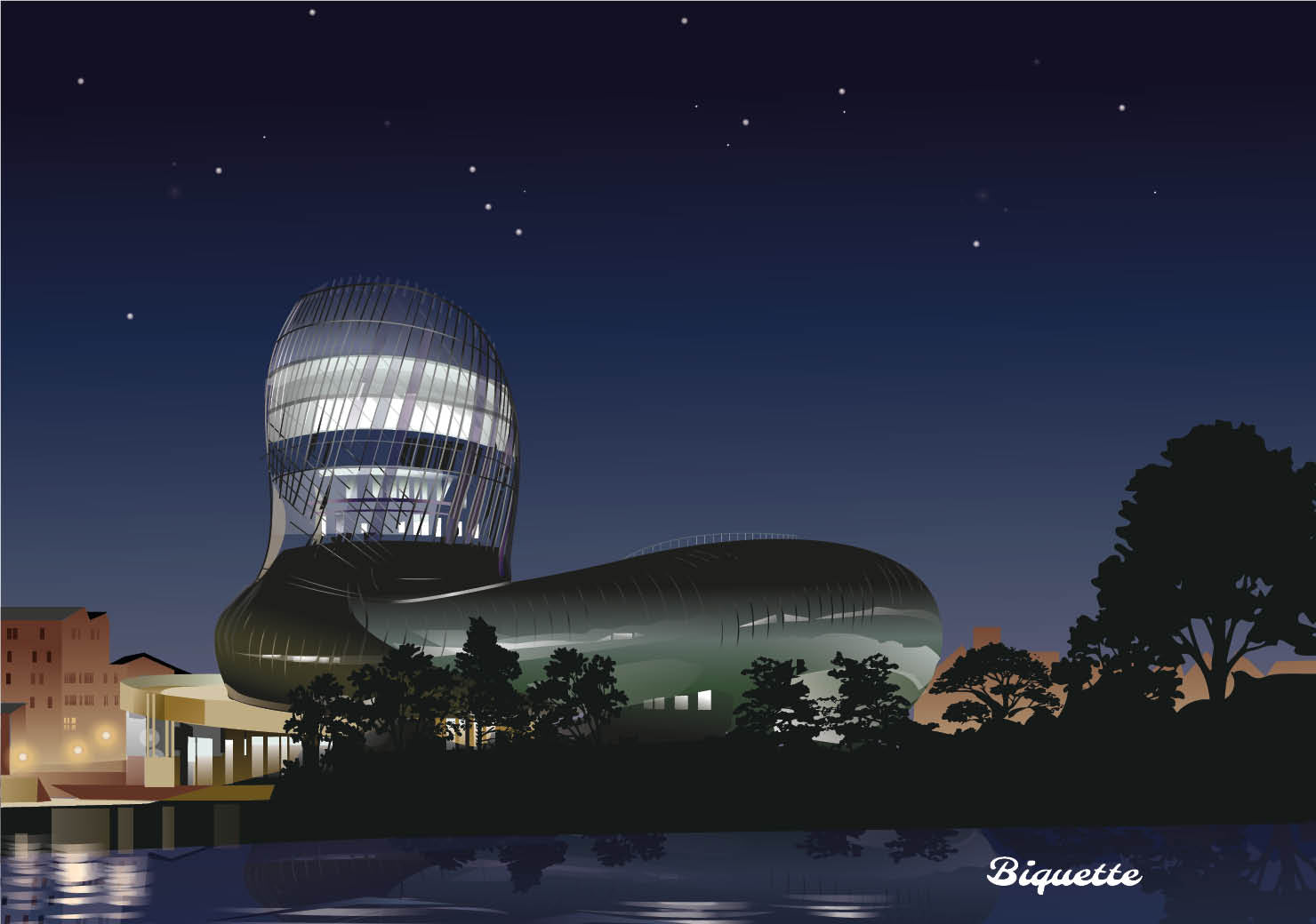 Illustration vectorielle de la Cité du Vin à Bordeaux la nuit. Le bâtiment moderne est éclairé et se reflète sur l'eau.