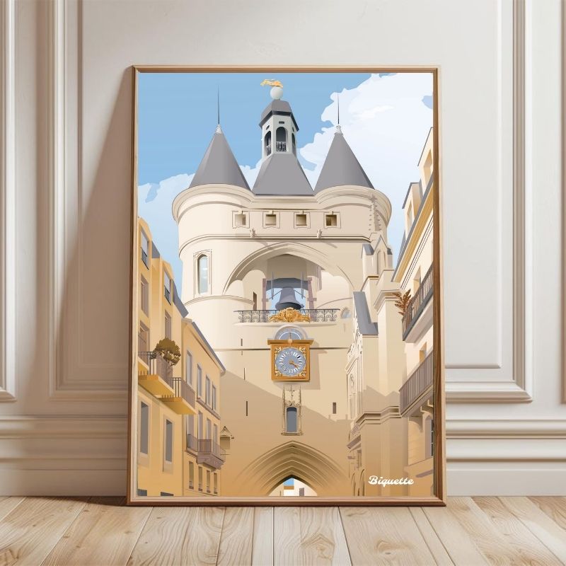 Maquette d'intérieur montrant l'affiche en format portrait de la Grosse Cloche encadrée dans un cadre en bois, sur un mur clair dans un environnement moderne.